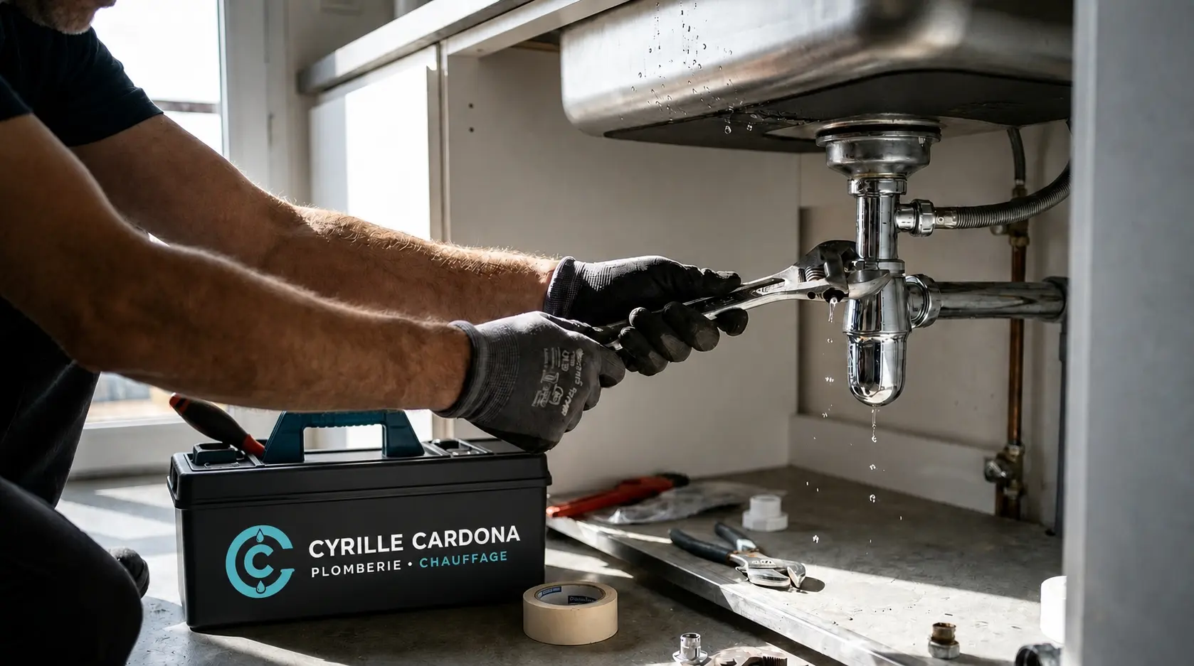 Cyrille Cardona réparant à la clé à molette un siphon chromé de lavabo qui fuit, gants de chantier et caisse à outils Cyrille Cardona Plomberie · Chauffage au sol