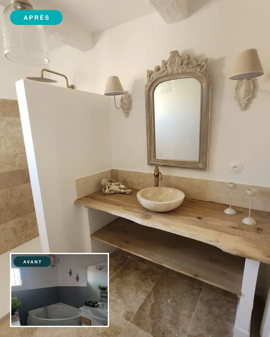 Avant / après d'une rénovation de salle de bains : ancienne pièce à baignoire d'angle transformée en salle d'eau provençale avec douche travertin, meuble bois brut et vasque en pierre